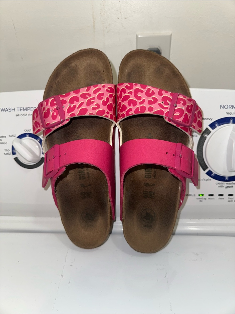 Birkenstock Pink Dual-Strap Slide Sandals with Leopard Print